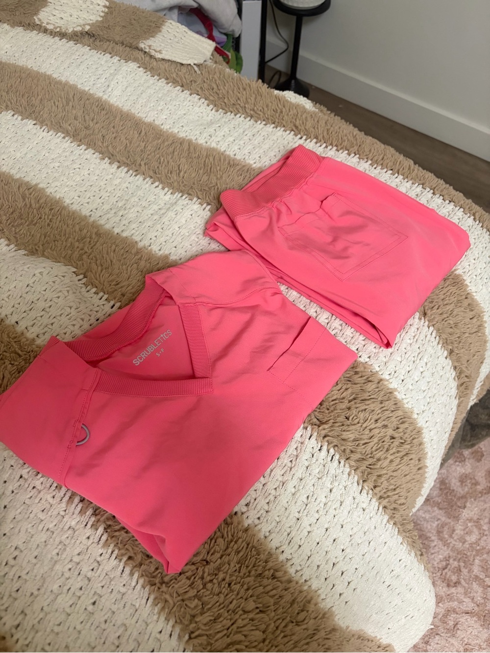 Women's V-Neck Scrub Top and Pants Set in Hot Pink